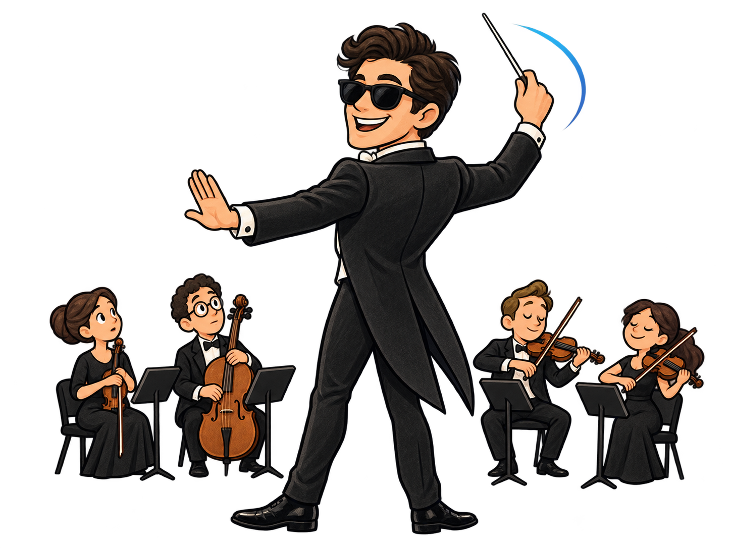 Alex in a black tailcoat conducting a tiny orchestra, pausing one half while cueing the other.